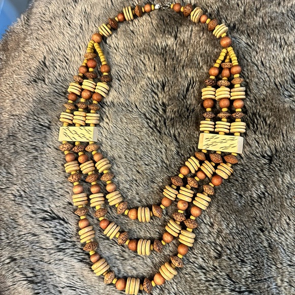 Vintage Boho Chunky Wood Triple Layer Beaded Necklace - Picture 5 of 6